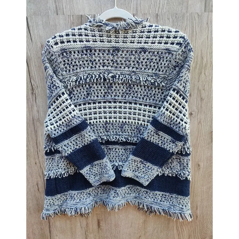 Chico's Knit Fringe Open Front Cardigan Jacket BoHo Artisan Nautical  SZ S.M‎